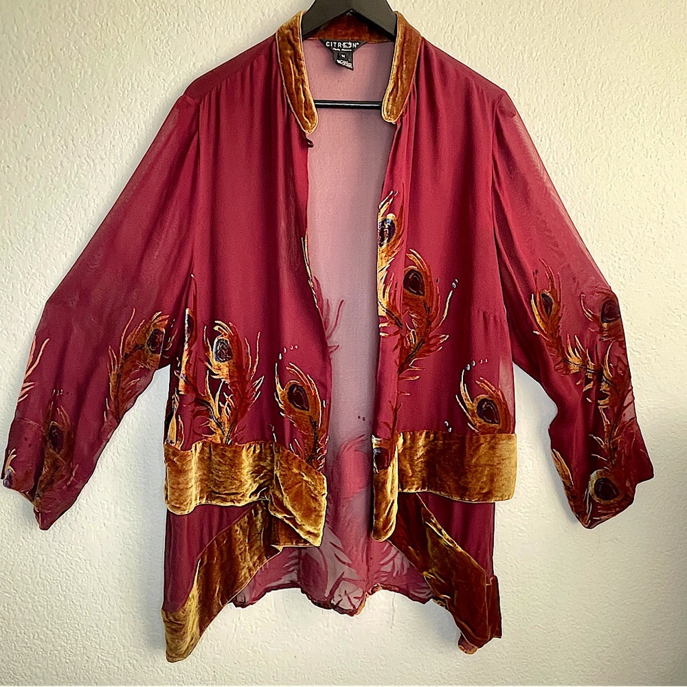 CUTRON of Santa Monica open front tunic kimono style soft velvet peacock feather